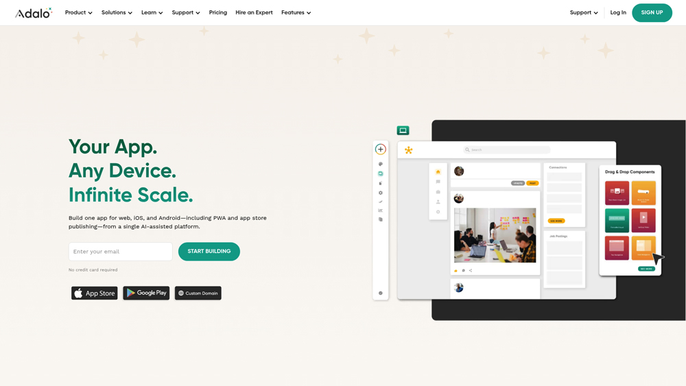 adalo-homepage-screenshot Adalo no-code app builder interface showing mobile app design
