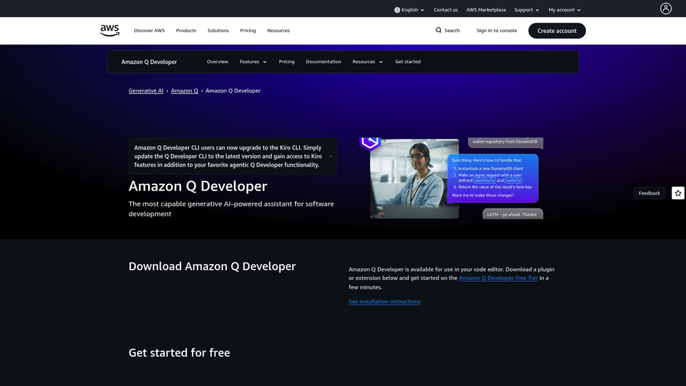 amazon-q-developer-homepage-screenshot Amazon Q Developer assistant in IDE showing code suggestions