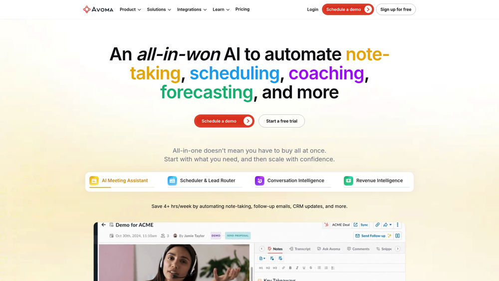 avoma-homepage-screenshot Avoma meeting assistant dashboard showing AI transcription and notes