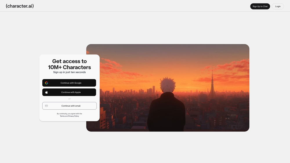 Character.ai chat dashboard with various AI personas