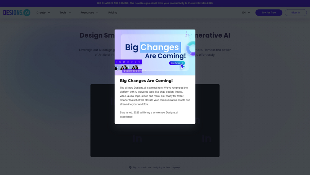 Designs AI dashboard showing automated logo and video creation