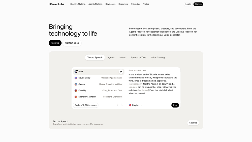 elevenlabs-homepage-screenshot ElevenLabs dashboard showing AI voice cloning and speech settings