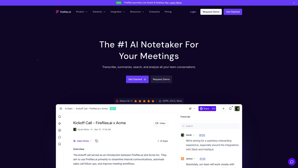 Fireflies.ai dashboard displaying meeting summaries and analytics