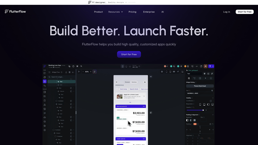 flutterflow-homepage-screenshot FlutterFlow visual builder showing low-code app development