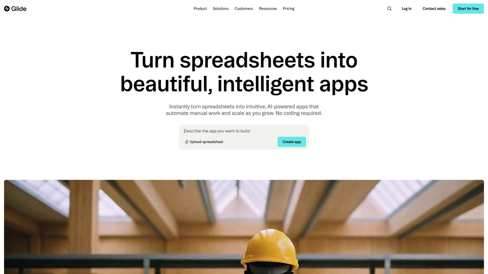glide-homepage-screenshot Glide interface showing no-code app creation from spreadsheets