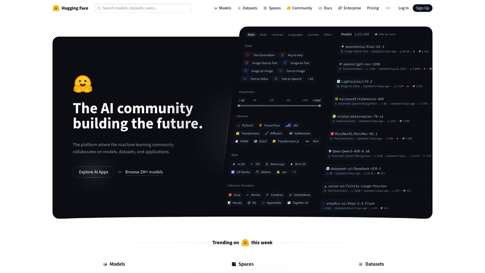 hugging-face-homepage-screenshot Hugging Face model hub showing open-source AI community