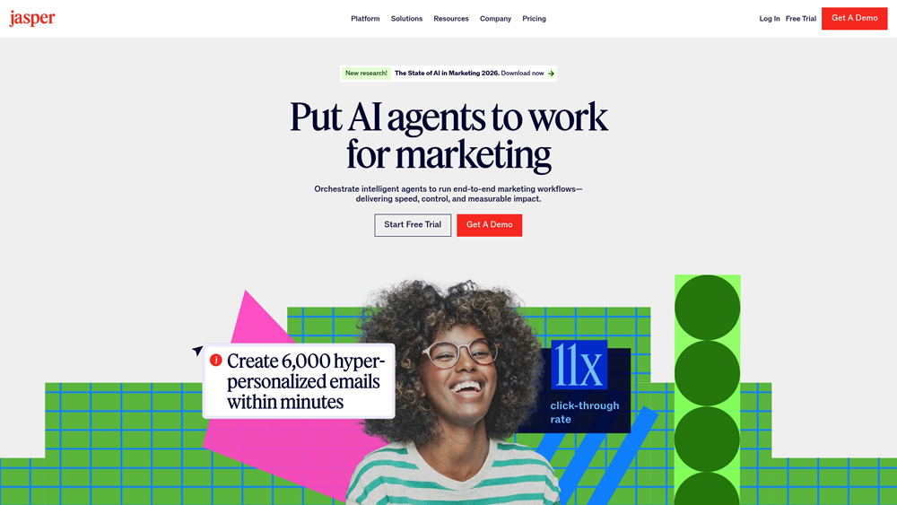 jasper-homepage-screenshot Jasper AI marketing dashboard showing brand voice and campaigns