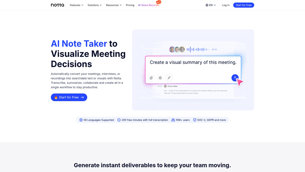 Notta AI interface showing real-time audio transcription