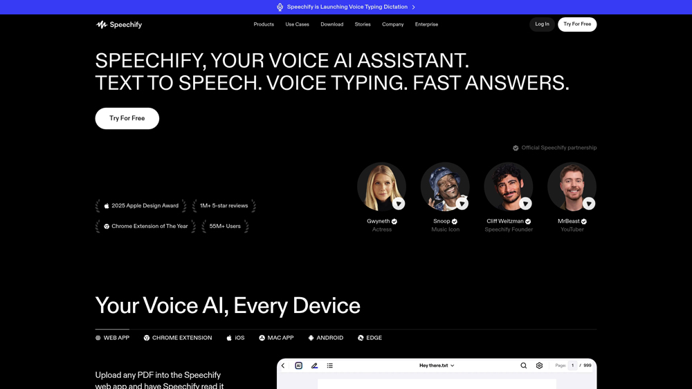 speechify-homepage-screenshot Speechify app interface showing text-to-speech reading