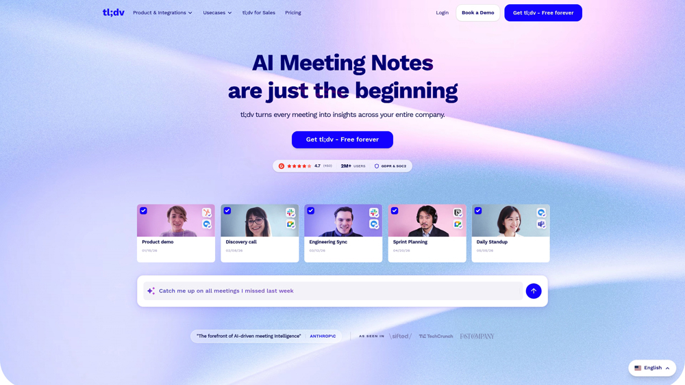 tl;dv meeting recorder interface showing time-stamped notes