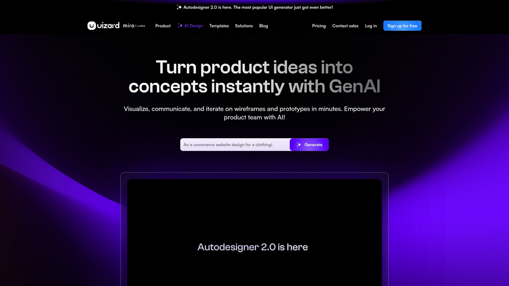 uizard-homepage-screenshot Uizard design interface showing AI-powered UI/UX prototyping
