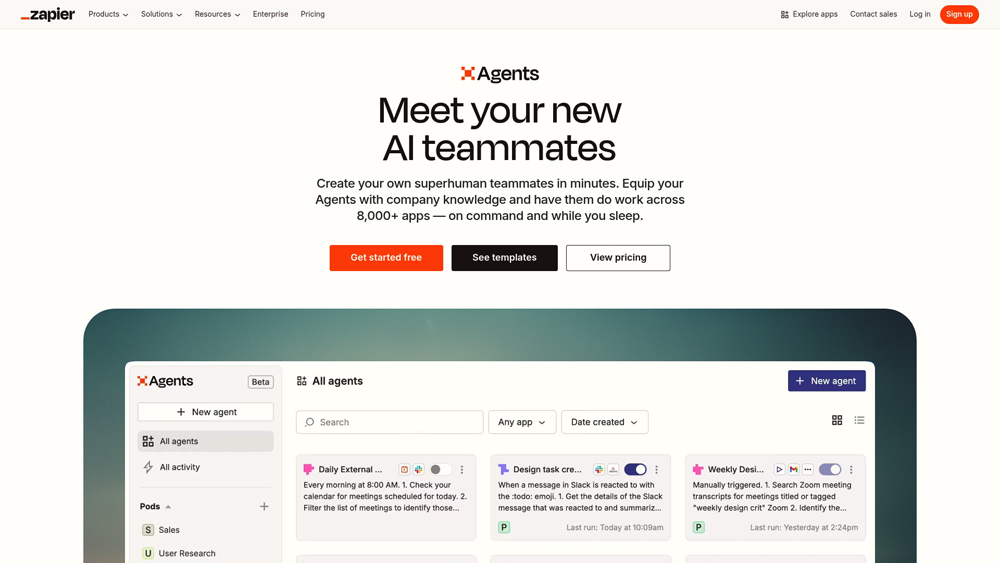 zapier-central-homepage-screenshot Zapier Central showing AI agent training and app automation